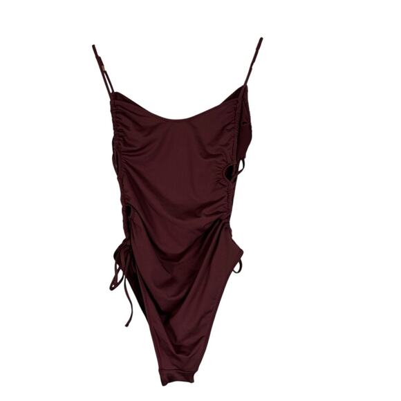 Zara One Piece Swimsuit Womens S Brown Cut Out Open Side Tie Minimalist Earthy - Picture 4 of 6